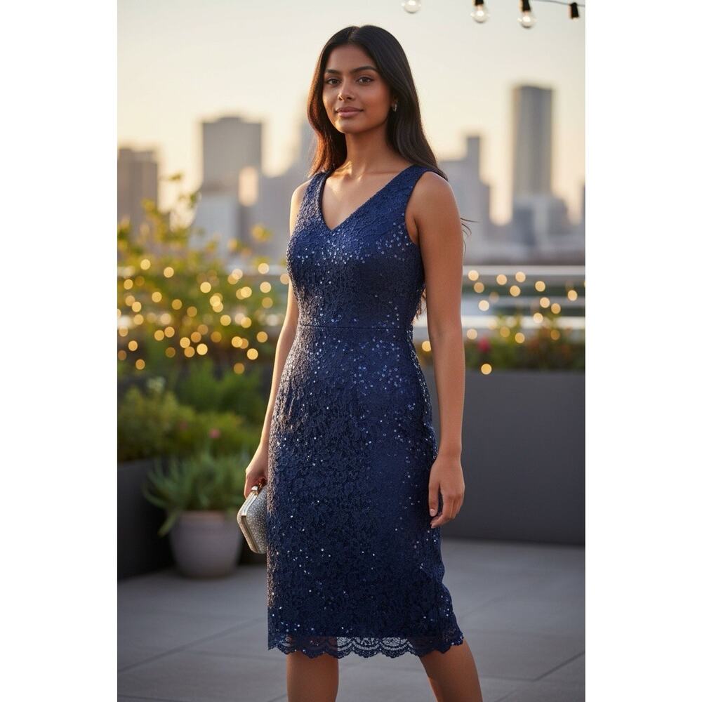 Blu Sage Sleeveless Sequin Lace Dress Navy Blue Size 16 085-V02